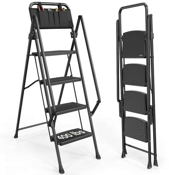 LUISLADDERS 4 Step Ladder with Handrails, Folding Step Stool with Widened Anti-Slip Pedal, 400lbs Lightweight Step Ladder 4 Step Folding, Multi-use for Home Kitchen Pantry Office, Black