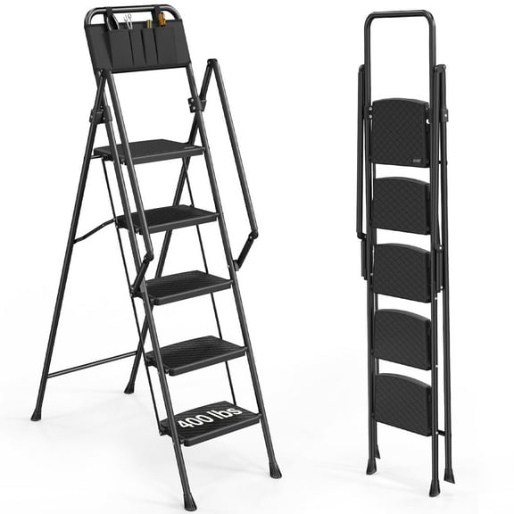 LUISLADDERS 5 Step Ladder with Handrails, Folding Step Stool with Widened Anti-Slip Pedal, 330lbs Lightweight Step Ladder 5 Step Folding, Multi-use for Home Kitchen Pantry Office, Black