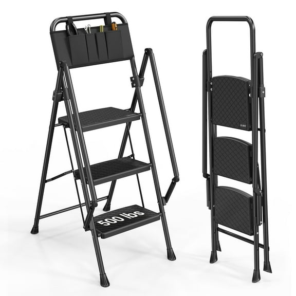 LUISLADDERS 3 Step Ladder with Handrails, Folding Step Stool with Widened Anti-Slip Pedal, 500lbs Lightweight Step Ladder 3 Step Folding, Multi-use for Home Kitchen Pantry Office, Black