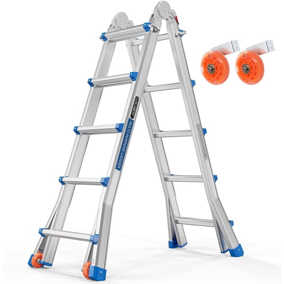 LUISLADDERS Telescoping Ladder, A Frame 5 Step Muti Position Folding Ladder Flared Leg & Wheels Design, 330 lbs Capacity 19 Ft Reach Height Extension Ladders for Household Outdoor Work