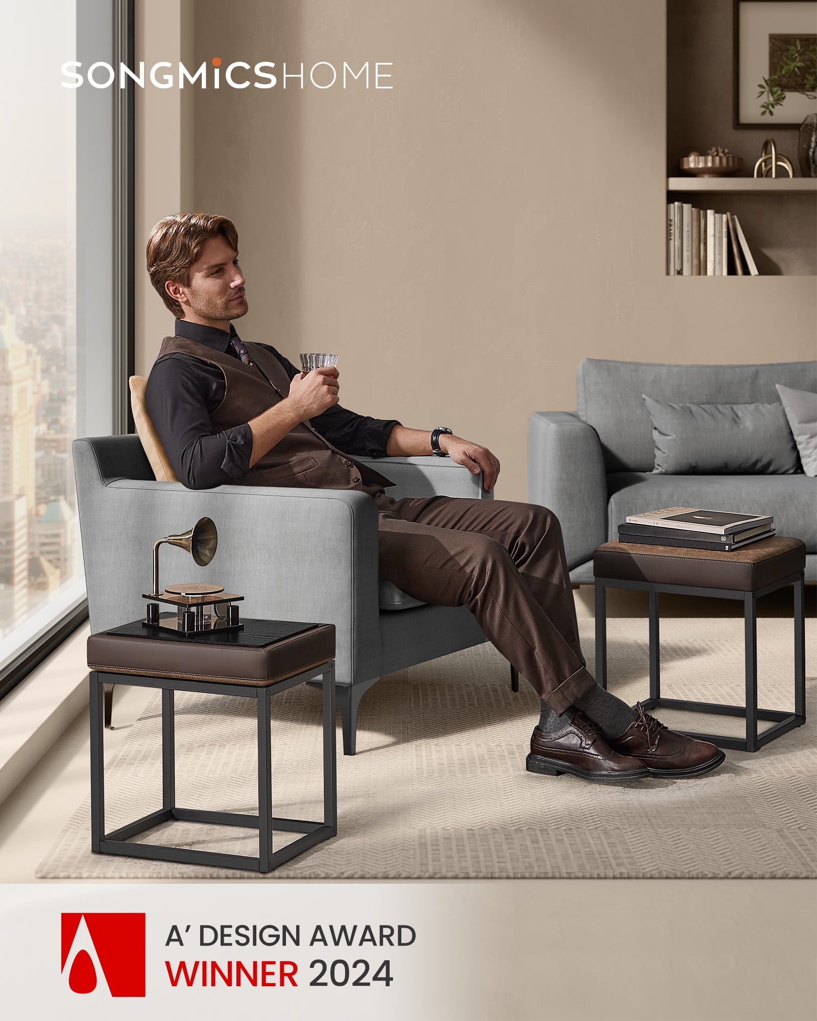 SONGMICS HOME LUIZ Collection - Ottoman Footstool Rectangle Ottoman Vanity Chair Stool Footrest Reversible Top Side Table Walnut Brown