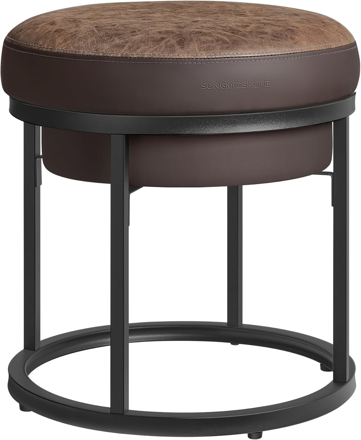 Walnut Brown Round Ottoman with Alloy Steel Frame and Storage