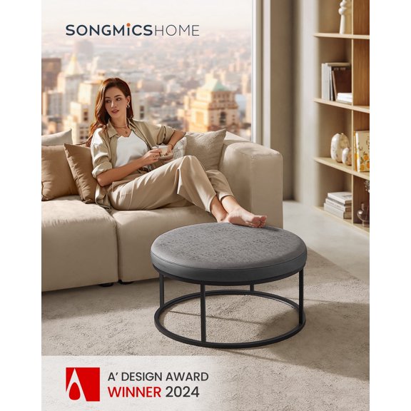 SONGMICS HOME LUIZ Collection - Ottoman Round Coffee Table Footstool Reversible Top Padded Seat Side Table Dove Gray