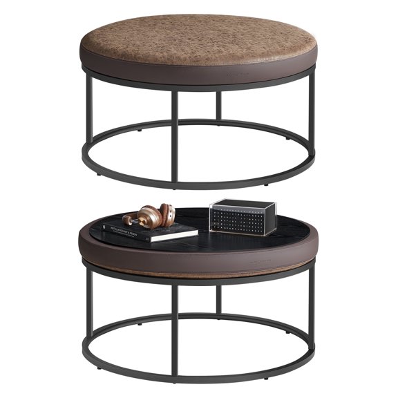 SONGMICS HOME LUIZ Collection - Ottoman Round Coffee Table Footstool Reversible Top Padded Seat Side Table Walnut Brown