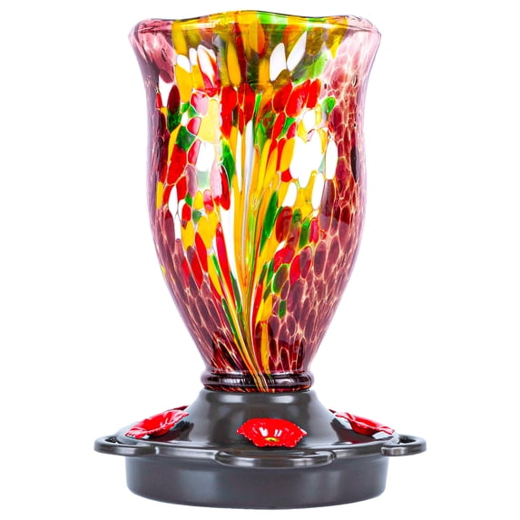 LUJII Bloom Shaped Hummingbird Feeders for Outdoors, Hand Blown Glass Humming Bird Feeder for Outside Hanging, Leak Proof & Metal Base Top, 25 oz Capacity, Gifts for Bird Lovers, Purple