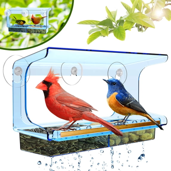 LUJII Colored Transparent Window Bird Feeder with Super Strong Suction Cups for Outside Wild Bird Feeding, Never Fades & Shatterproof, Accommodates Large Birds , Blue