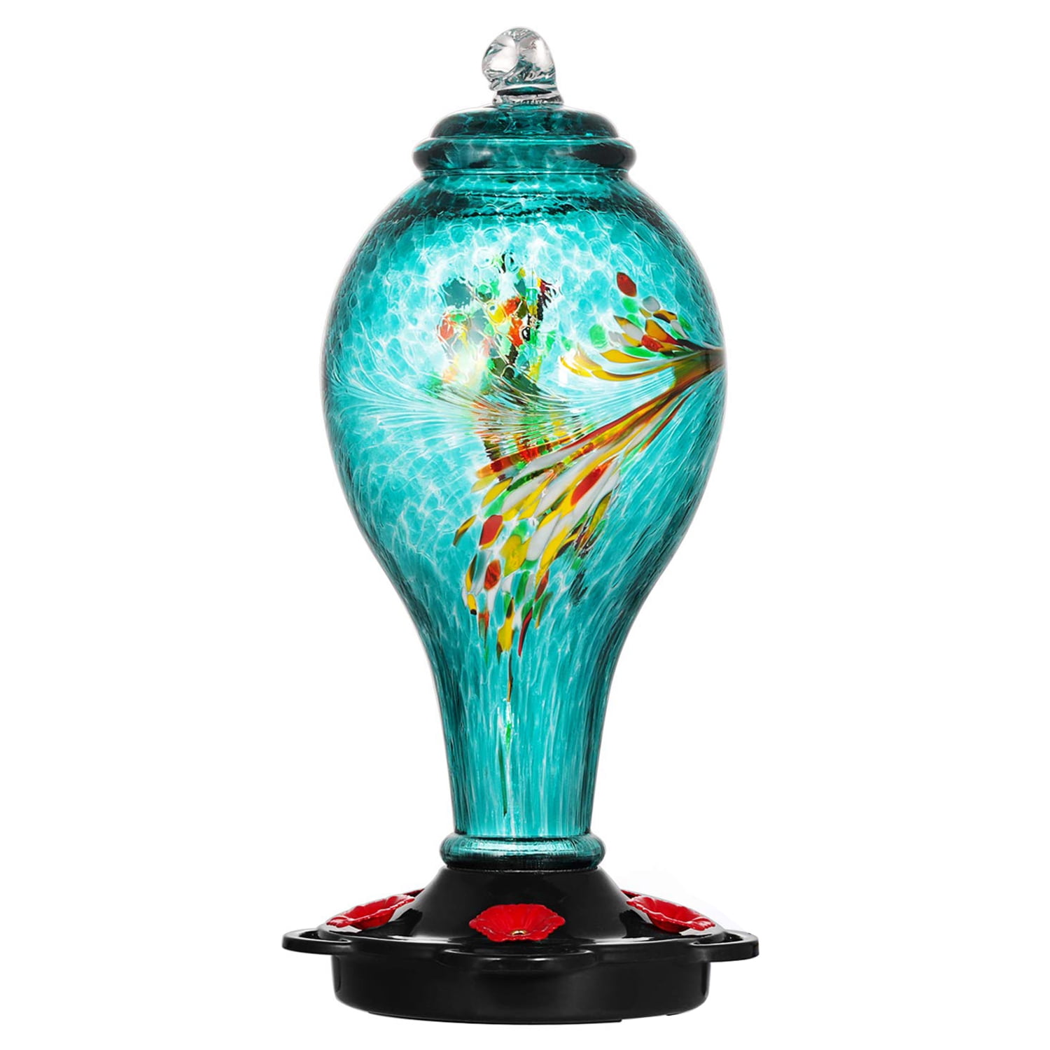 Teal Hand Blown Glass Hummingbird Feeder with Metal Base