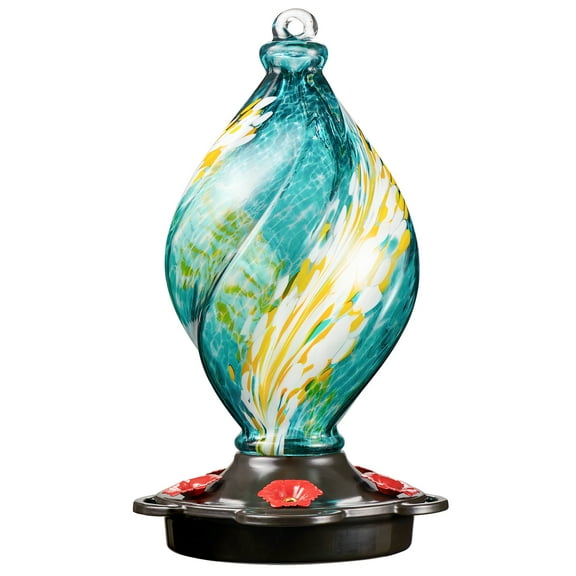 LUJII Ice Cream Shaped Spiral Hummingbird Feeder for Outdoors Hanging, Hand Blown Glass, 28 fl.oz, Leak Proof & Rustproof, Includes an Ant Moat with Hook, Unique & Stylish Glass Art & Decor (Teal)