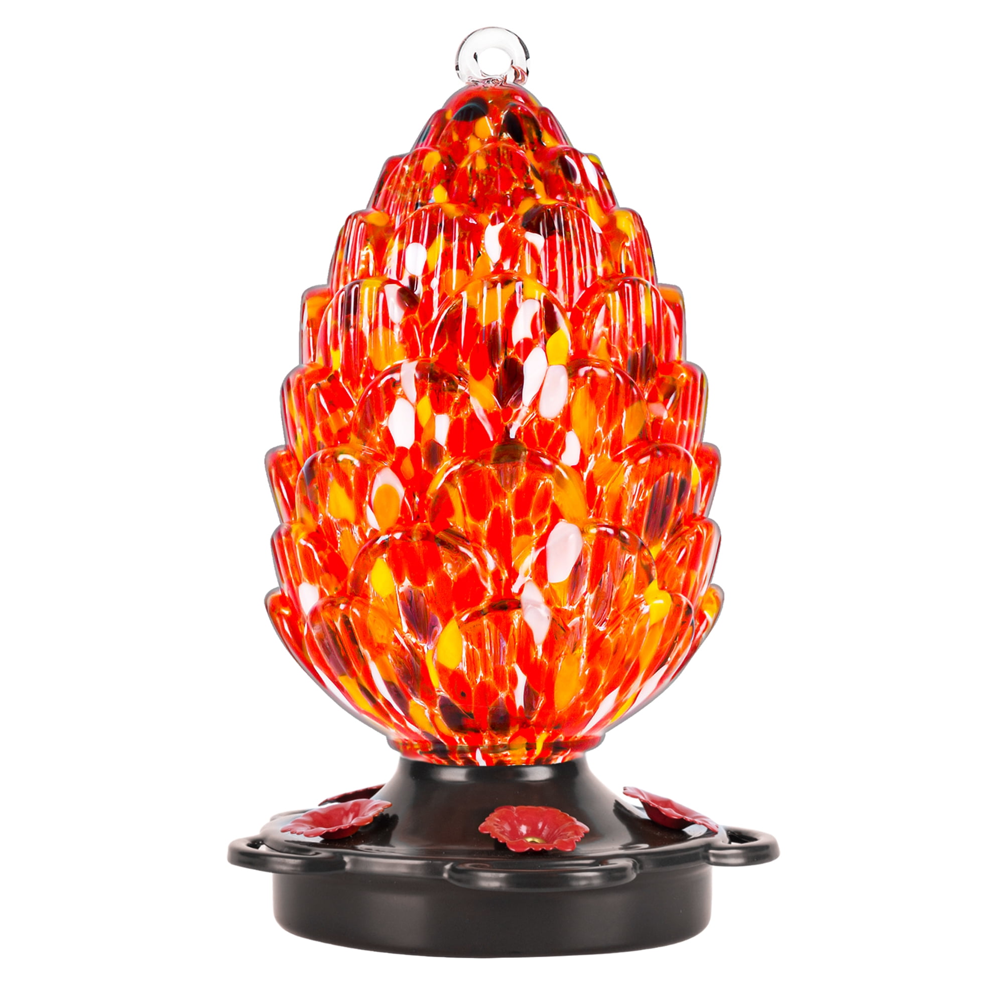 25 fl.oz Red Hand Blown Glass Pine Cone Hummingbird Feeder