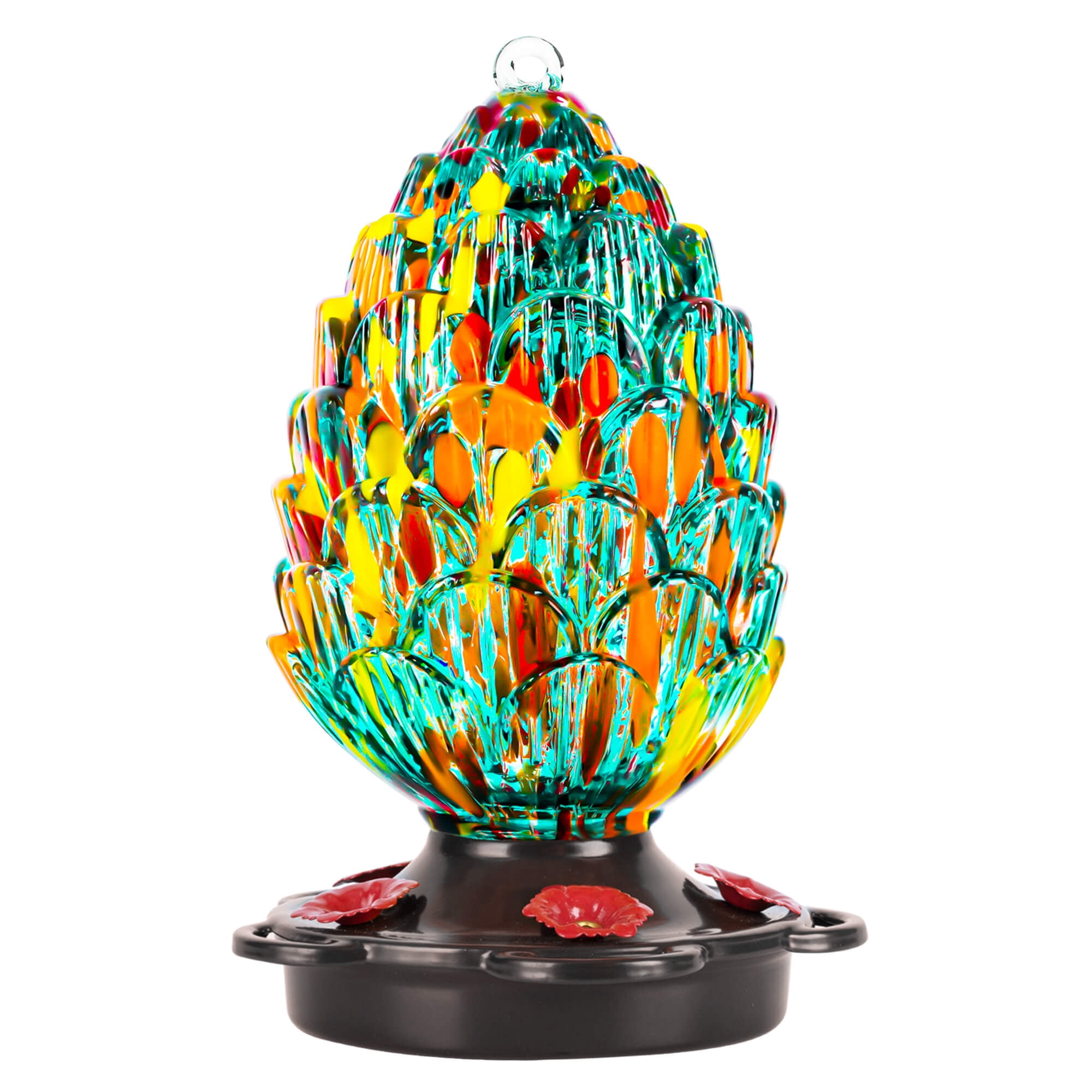 25 fl.oz Red Hand Blown Glass Pine Cone Hummingbird Feeder
