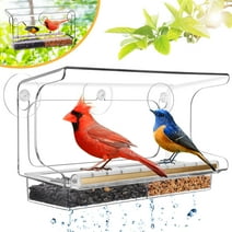 LUJII Shatterproof Window Bird Feeder with Strongest Suction Cups, Polycarbonate Window Mount Feeder with Crystal Clear View & Life-Out Tray, Fits Bigger Birds like Cardinal or Blue Jay, Clear