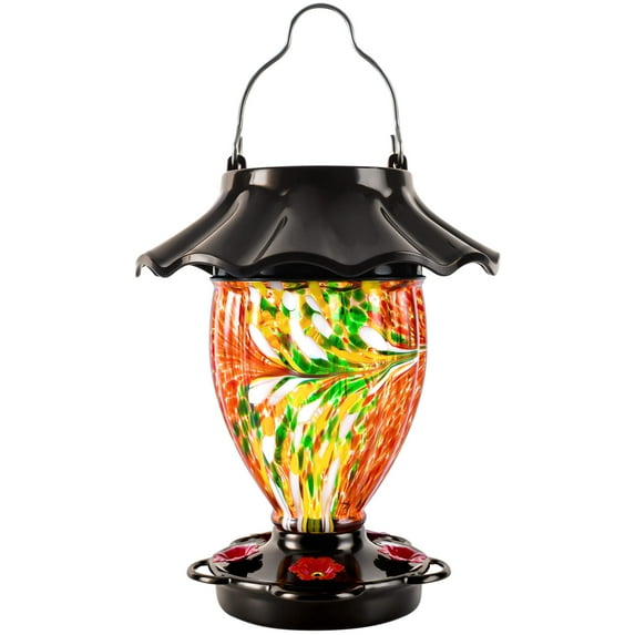 LUJII Solar Hummingbird Feeder for Outdoors Hanging with Color Changing, Hand Blown Glass Reservoir, 32 fl.oz, Never Leak, Lighted Lantern for Garden Decor, Unique Gift for Friends (Red)