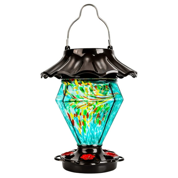 LUJII Solar Powered Color Changing Hummingbird Feeder for Outdoors Hanging, Gem Diamond Shaped Hand Blown Glass, 35 fl.oz, Never Leak, Illuminated Lantern for Garden Decor, Gift for Friends, Teal