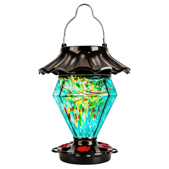 LUJII Solar Powered Color Changing Hummingbird Feeder for Outdoors Hanging, Gem Diamond Shaped Hand Blown Glass, 35 fl.oz, Never Leak, Illuminated Lantern for Garden Decor, Gift for Friends, Teal