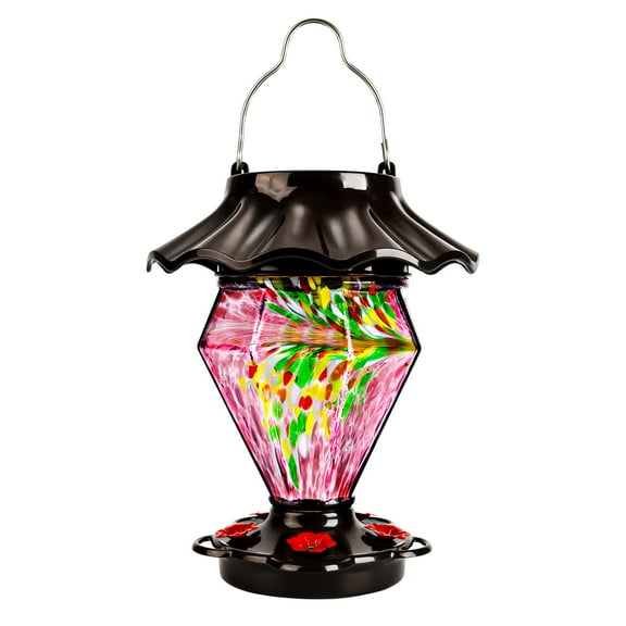 LUJII Solar Powered Color Changing Hummingbird Feeder for Outdoors Hanging, Hand Blown Glass Reservoir, 35 fl.oz, Never Leak, Illuminated Lantern for Garden Decor, for Bird Lovers, Purple