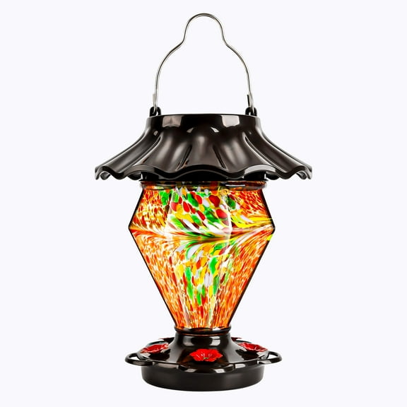 LUJII Solar Powered Hummingbird Feeder for Outdoors Hanging, Gem Diamond Shaped Hand Blown Glass, Weatherproof, Lighted Lantern for Garden Decoration, 5 Metal Perches, Pretty Gift for Friends, Red
