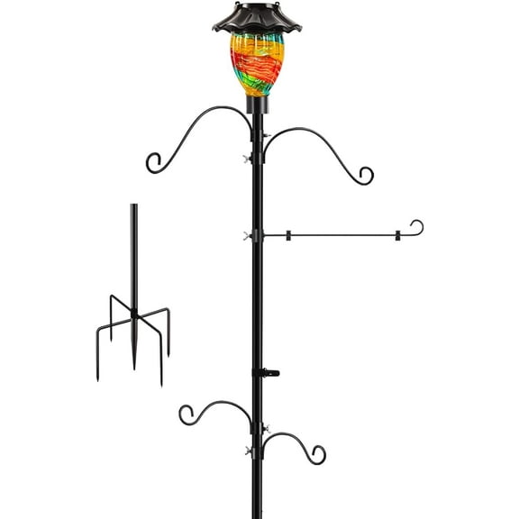 LUJII Solar Shepherds Hooks for Outside, Bird Feeder Pole with 4 Adjustable Hangers and 1 Flag Holder, Garden Stand for Hummingbird Feeders, Wind Chimes, Plant Baskets, Lanterns (Ribbon)