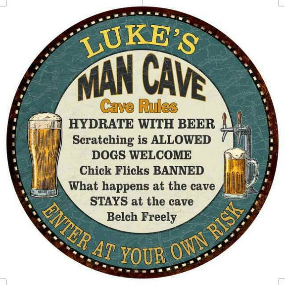 LUKE'S Man Cave Rules 14" Round Metal Sign Garage Bar Decor 100140009085