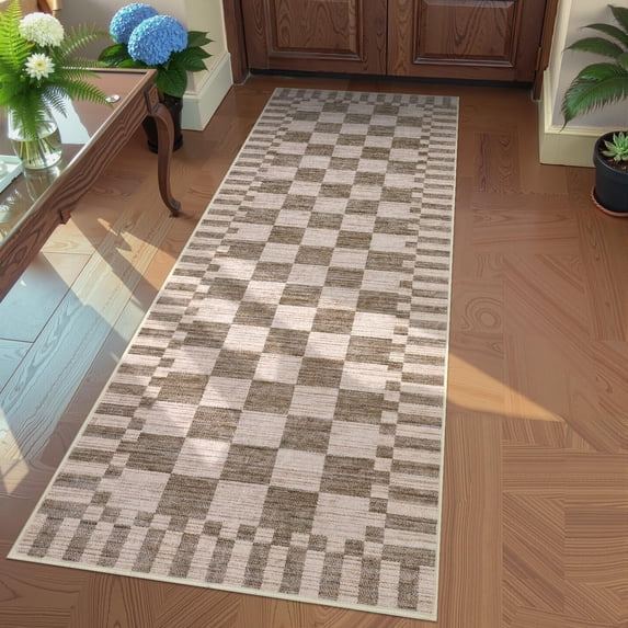Check Floor Rug LUKU 2'x6' Textured Checkered Area Rug, Washable Low-Pile Fiber Carpet ...