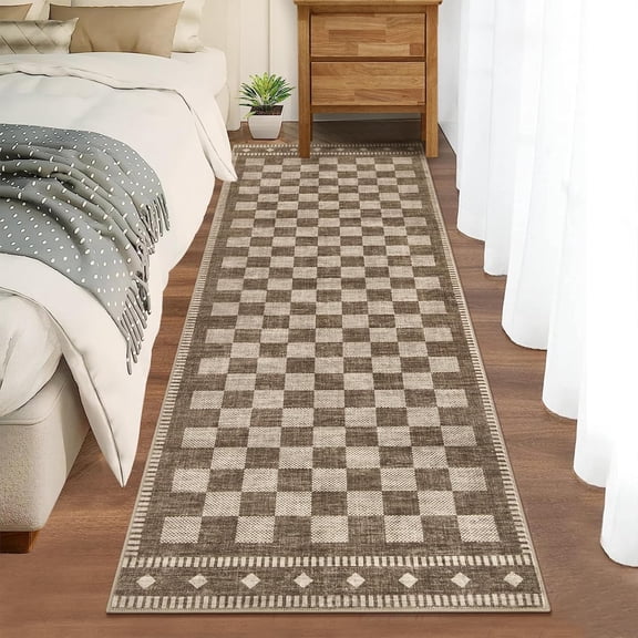 LUKU 2'x6' Vintage Checkered Faux Wool Area Rug, Machine Washable 0.24-Inch Low-Pile Carpet with TPR Non-Slip Backing for Home Decor, Brown