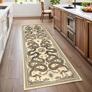 LUKU 2'x6' Washable Low-Pile Polyester Snake Forest Rug, TPE Non-Slip Backing, Gothic Floral Design, Camel