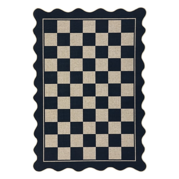 LUKU 3'x5' Scalloped Checkerboard Jute-Style Rug, Washable Low-Pile Polyester Carpet with TPE Non-Slip Backing for Indoor Covered Outdoor Use, Black and White