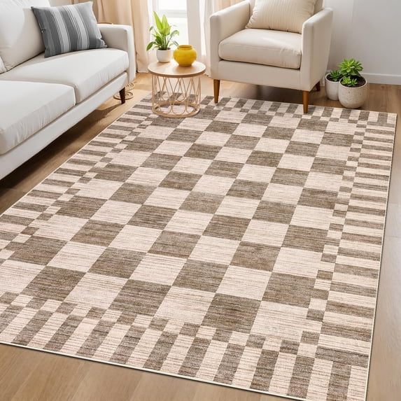 Textured Light Rug LUKU 5'x7' Textured Checkered Area Rug, Washable Low-Pile Fiber Carpet ...