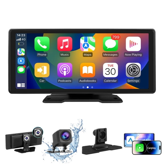 LULAION Portable 10.26" Wireless CarPlay Screen with 4K Dash Cam & 1080P Backup Camera