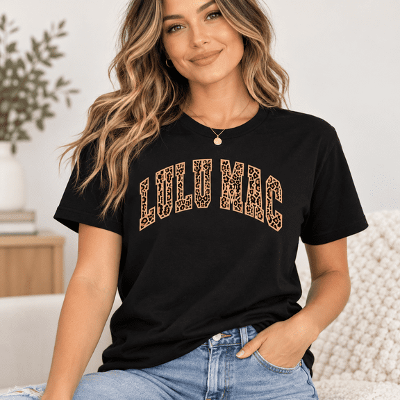 LULU MAC Leopard Letter Print Crew Neck T-Shirt, Animal Print Graphic Tee, Casual Short Sleeve Shirt for Women