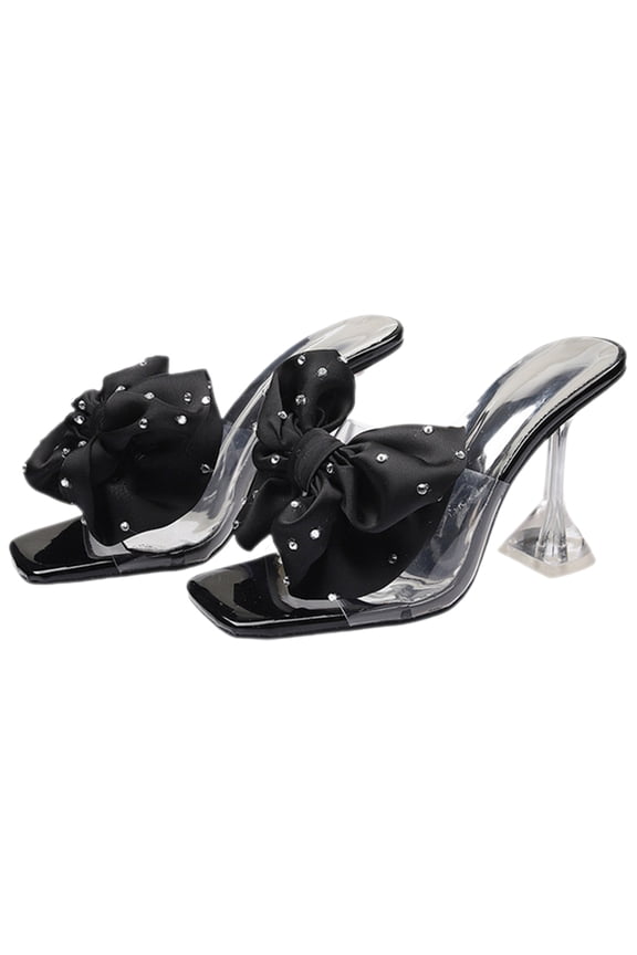 Women Mules Shoes Heel Bow Slippers PU Rubber Black 1 Pair