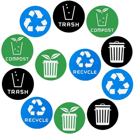 LULULION 12Pcs Trash Can Sticker PVC Recycling Labels Self Adhesive Assorted Colors for Waste Sorting and Garbage Bins
