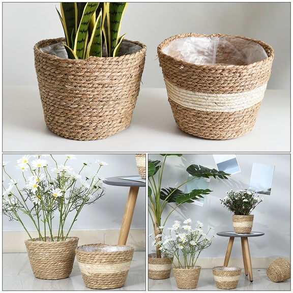 LULULION 1Pack Straw Planter Basket Round Woven Planter Basket Seagrass Home Decor