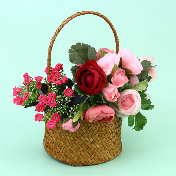 LULULION 1Pc Straw Woven Orange Basket with Handle Fashionable Succulent Planter