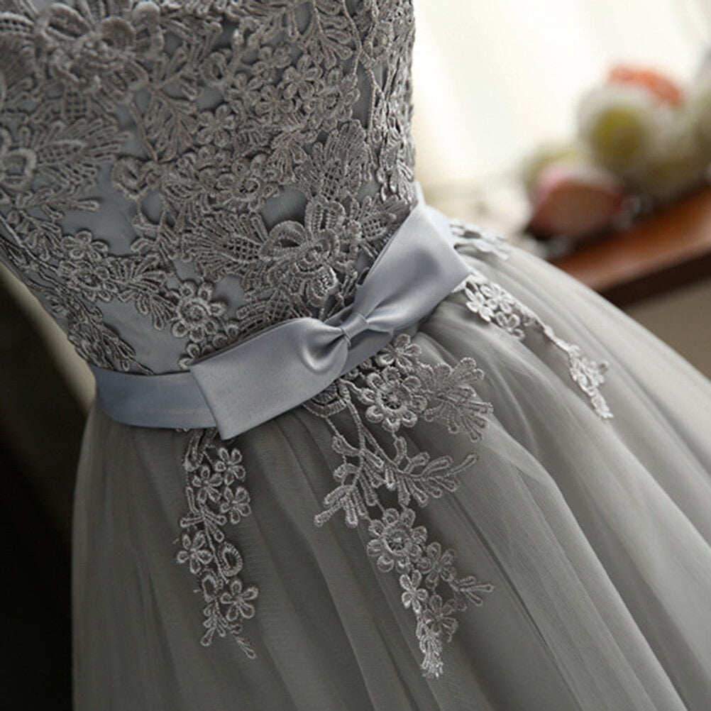 knee length dresses for ladies A Line Tulle Lace Appliques Long Floor Length Formal Prom Dresses US10 / Custom Color