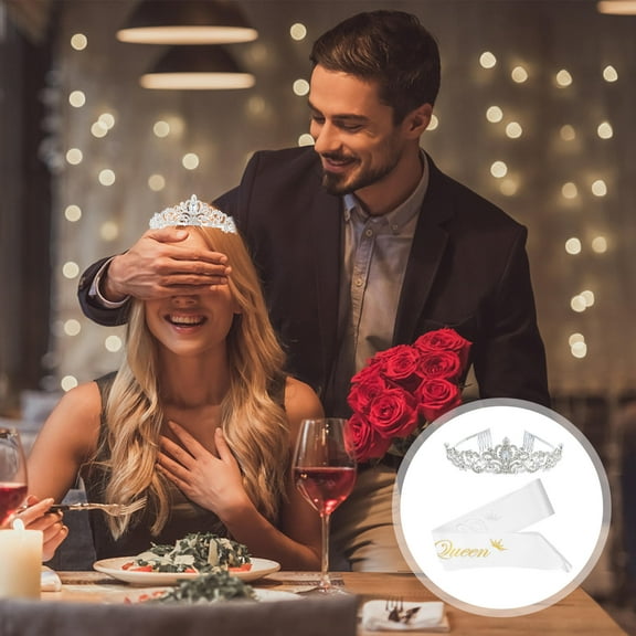 LULULION Prom Sashes Tiaras Scepters Set Silver Fabric Alloy 2Pcs