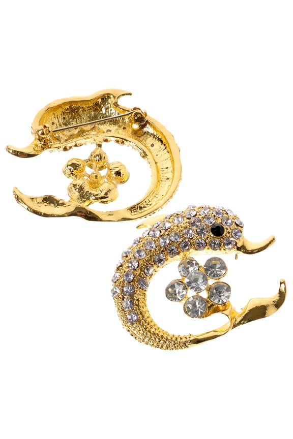 Dolphin Rhinestone Brooch Pin Golden Zinc Alloy Stylish Jewelry for Decor