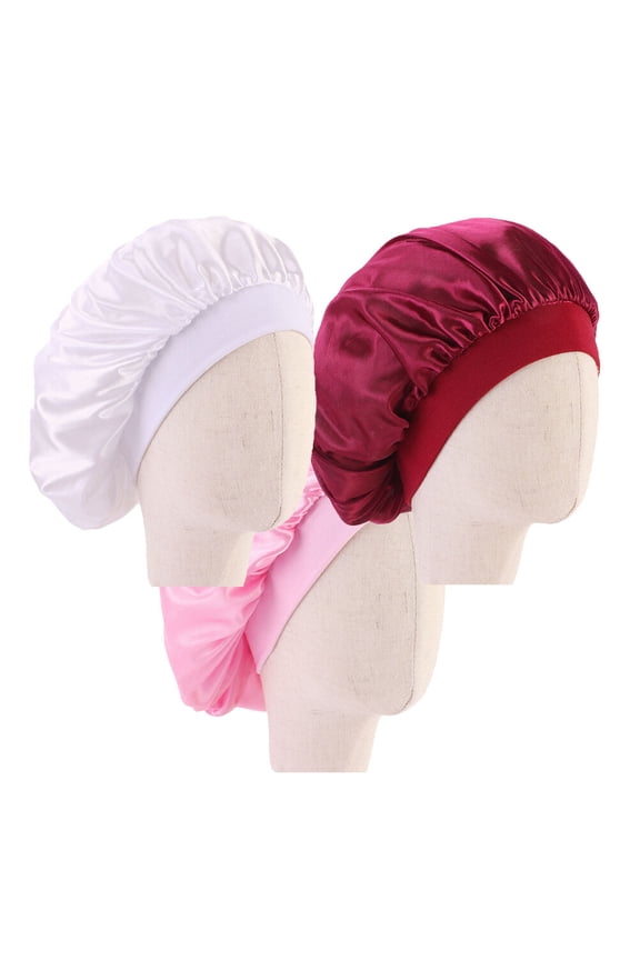 3Pcs Breathable Satin Night Hat Red Wide Brim Sleeping Cap Keeps Hair Smooth