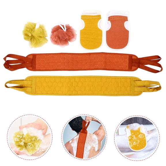 LULULION 6Pcs Shower Glove and Back Skin Strap Set with Mesh Ball for Easy Exfoliating and Massaging
