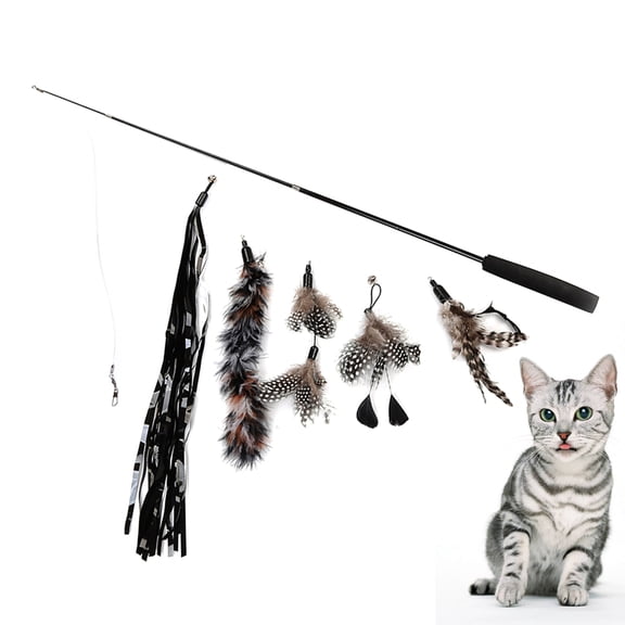 LULULION 6Pcs Black Pet Cat Teaser Made with Cloth and Plastic Handle for Active Cats