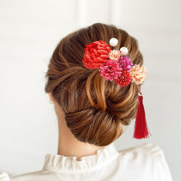 LULULION 9pcs Vintage Tassel Hair Stick Red Ceramic Hairpin for Women