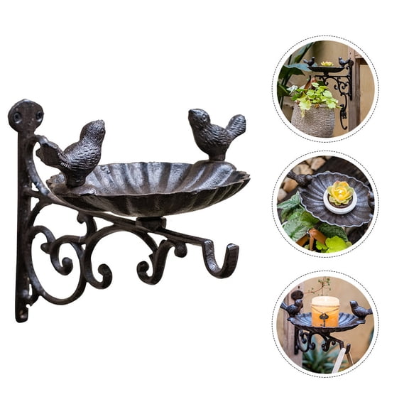 LULULION Cast Iron Wall Bracket with Bird Bath and Hanging Basket Decor for Garden