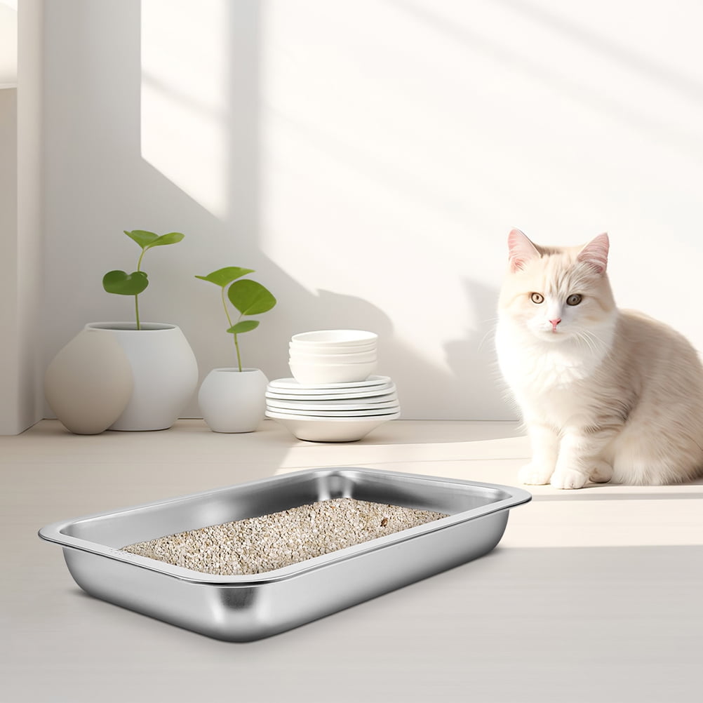 LULULION Stainless Steel Cat Litter Box Open Design Easy Clean Durable Silver