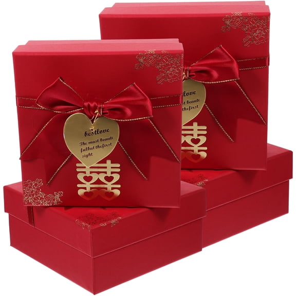 LULULION 4Pcs Red Packing Cases Paper Boxes with Lid for Wedding and Party Storage