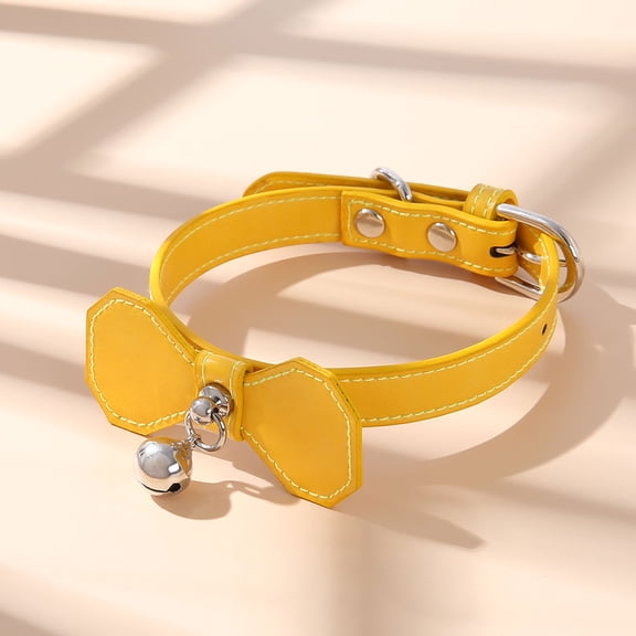 LULULION Bowknot Pet Bell Collar Yellow Durable PU Material for Dogs and Cats Stylish Design