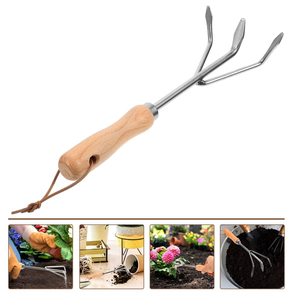 LULULION Garden Hand Rake Small Stainless Steel and Wood for Soil Loosening 1Pack