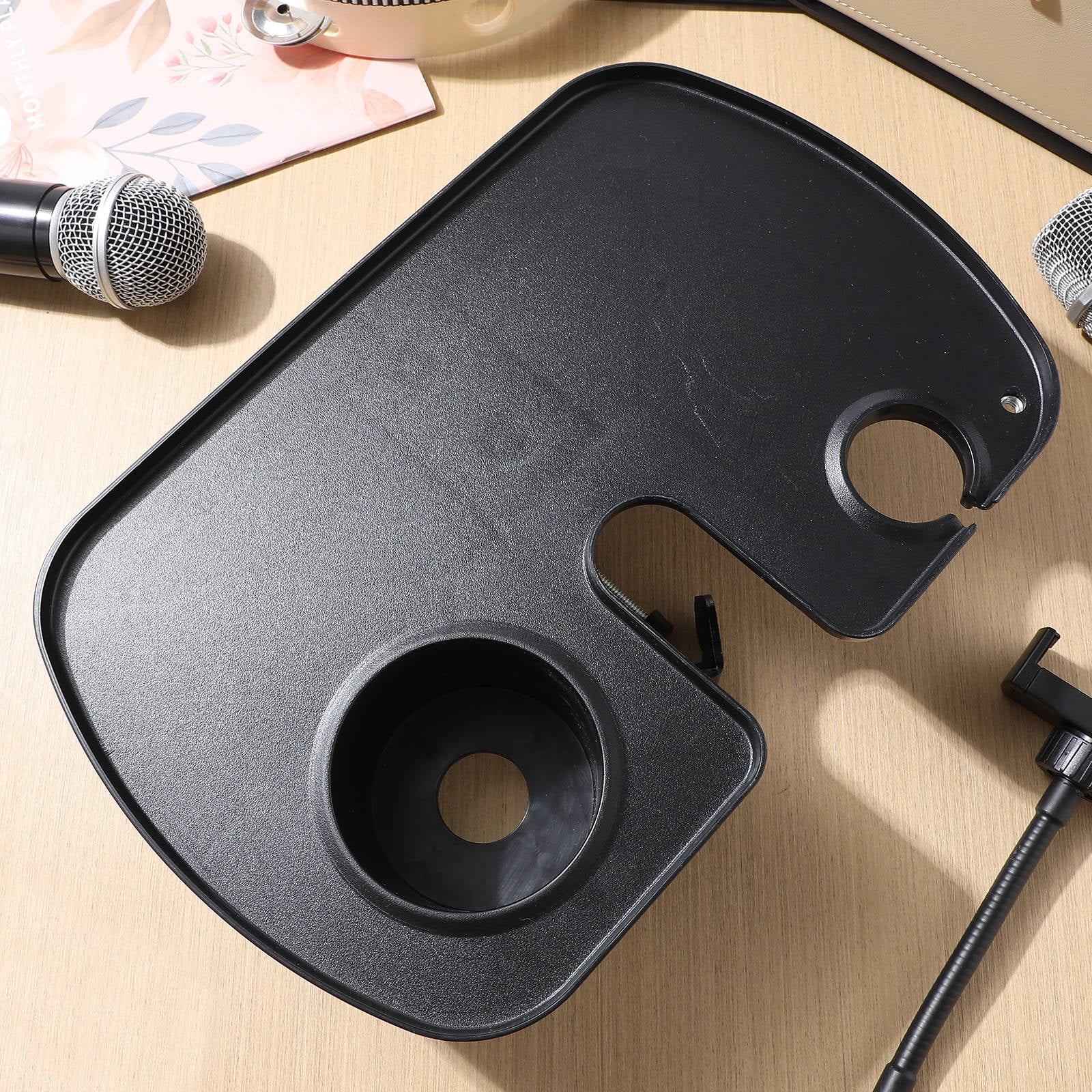 LULULION Black Mic Stand Tray Clamp on Shelf with Large ABS Tray for Microphone Stand Accessories and Live Broadcast