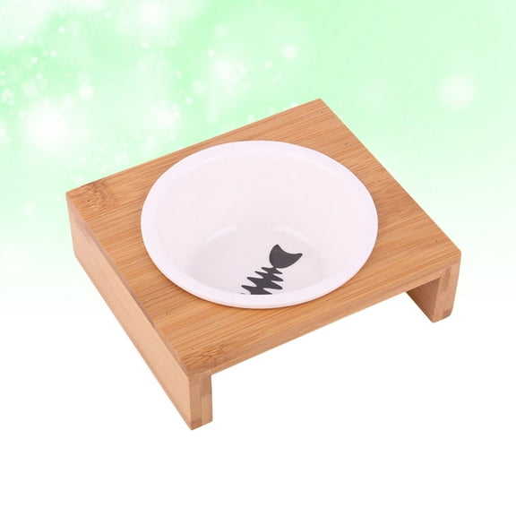 LULULION Bamboo Pet Dining Table with Durable Ceramic Bowl for Cats Dogs in Khaki 7.8 x 4.5 x 3.1 Inches