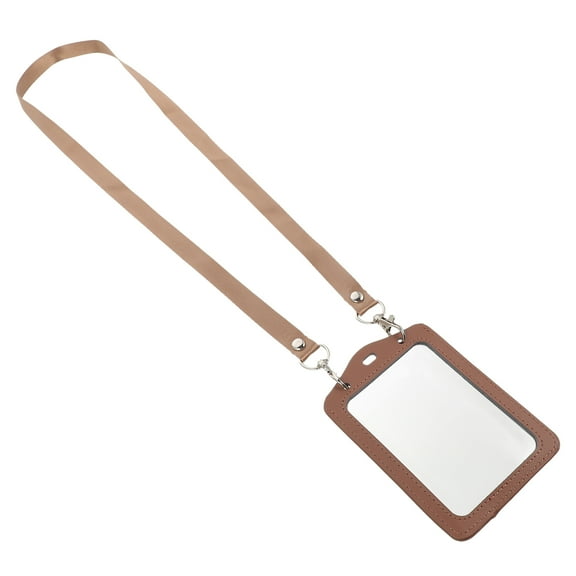 LULULION Lightweight Brown PU Cards Holder with Lanyard for Work and Protective Use
