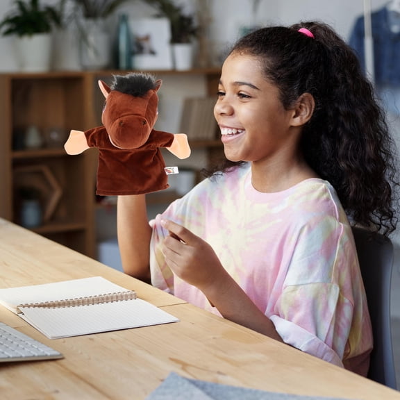 LULULION Plush Farm Animal Hand Puppet Light Brown with Movable Mouth for Storytelling and Decor