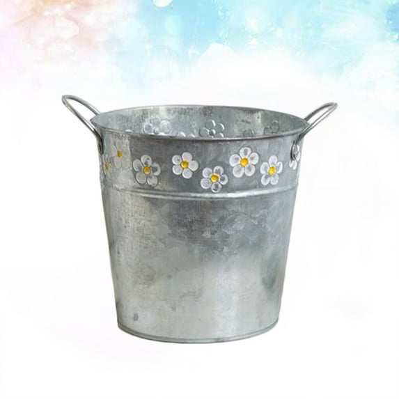 LULULION Rustic Decor Embossing Iron Bucket Silver Round Planter 1Set